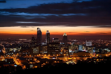 Fototapeta premium Cityscape at Night: Illuminated Buildings Shine Under a Dramatic Sunset Sky