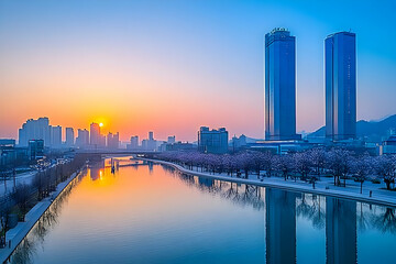 Naklejka premium Cityscape Reflects in Calm River at Sunrise with Modern Towers and Cherry Blossoms
