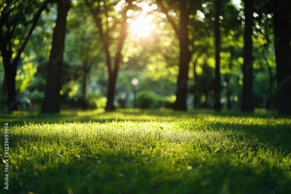 Poster Sunlight filtering through trees over vibrant green grass in a tranquil park setting. Generative AI