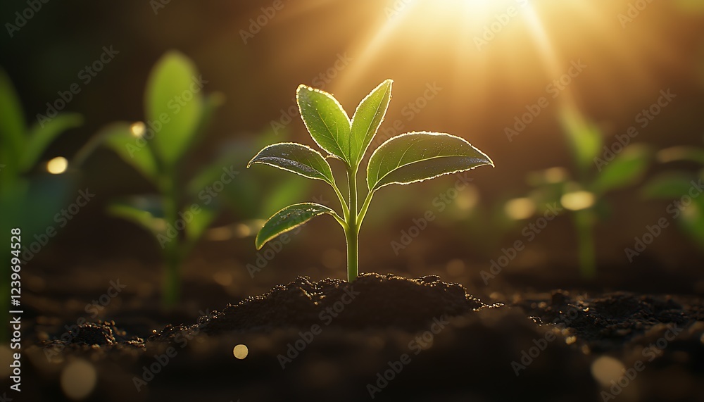 Aufkleber fresh green seedling sprouting in healthy soil with glowing background : generative ai