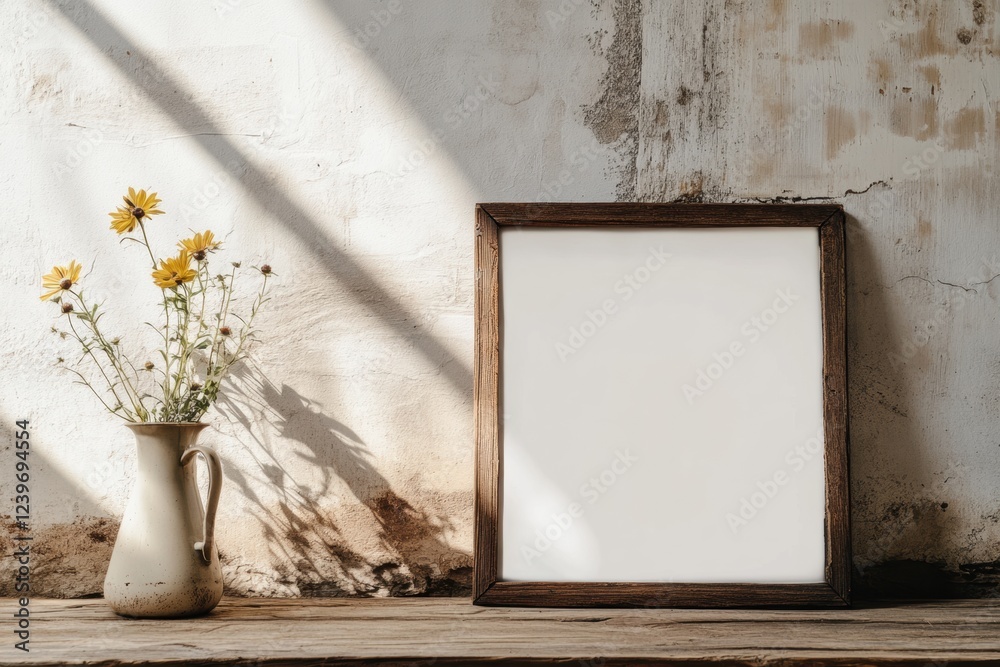 Poster empty frame and vase with flowers on wooden table in sunlit room showcasing rustic decor and serene 