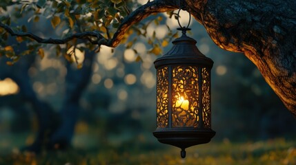 Glowing lantern hangs, garden dusk