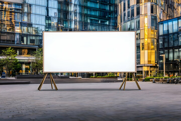 Obraz premium Blank Billboard Stands Tall in Urban Setting with Modern Buildings in the Background
