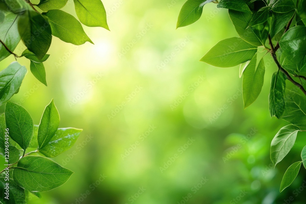 Poster lush green leaves framing a vibrant background of nature in soft sunlight during springtime. generat