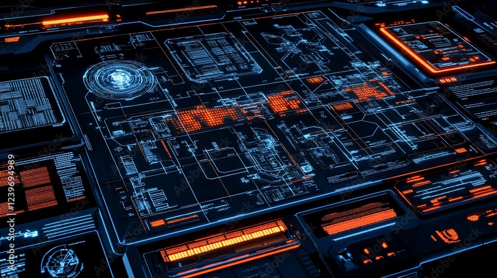 Poster futuristic interface with glowing data display and complex circuit diagrams