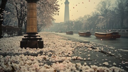 Naklejka premium Blossoming Cherry Trees by Tranquil River with Boats and Tower in Scenic Park during Early Spring - Stunning Nature Landscape at Dawn Featuring Blossoms and Water