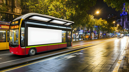 Obraz premium Red and White City Bus with Blank Billboard Ad Space Drives Through City Street at Night
