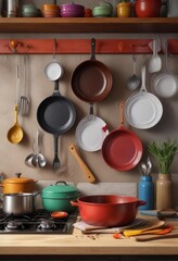 Colorful kitchen background with sizzling dishes and utensils, kitchen,  cafe,  food