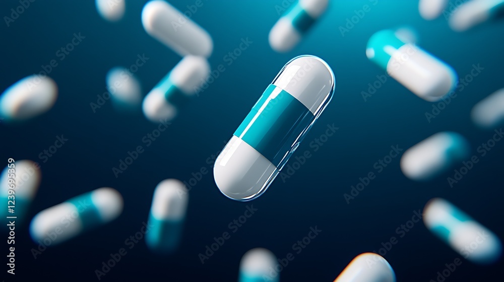 Poster floating capsules on blue gradient background for pharmaceutical concepts : generative ai