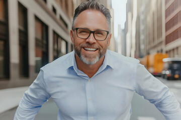 Naklejka premium Smiling Man in Blue Shirt and Glasses Leans Forward on City Street