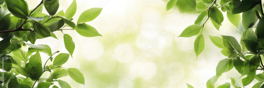 Poster lush green leaves framing a serene background of soft natural light in a tranquil outdoor setting. g
