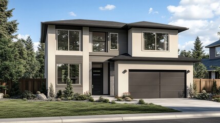 Modern two story family home with large windows and a spacious two car garage