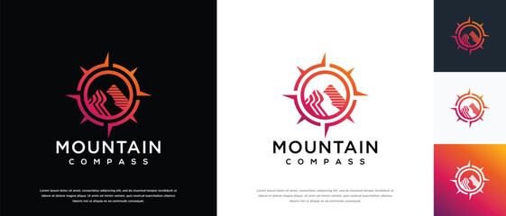 Mountain compass logo design. Compass logo template with mountain. Adventure logo symbol icon
