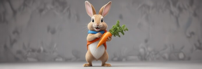 Colorful sketch of a smiling rabbit holding a carrot and standing on one leg ,  cute animal,  bunny,  pet