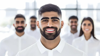 Obraz premium Confident Businessman Leads Diverse Team in Modern Office Environment with Bright Smiles.