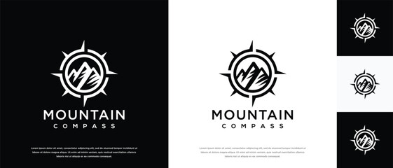 Mountain compass logo design. Compass logo template with mountain. Adventure logo symbol icon