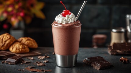 Delicious Chocolate Milkshake in Glass with Whipped Cream and Cherry Surrounded by Cookies and Chocolate, Perfect for Dessert Lovers and Sweet Indulgence