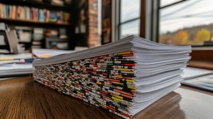 High Stack Of Colorful Papers On Wooden Desk Near Autumnal Window