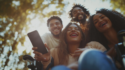 Multiracial Friends Enjoying a Day Outdoors Taking Selfies in a Wheelchair-Friendly Environment