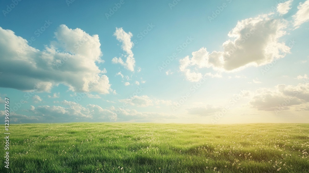 Poster bright sunny day over a vast green field with fluffy clouds in the blue sky. generative ai