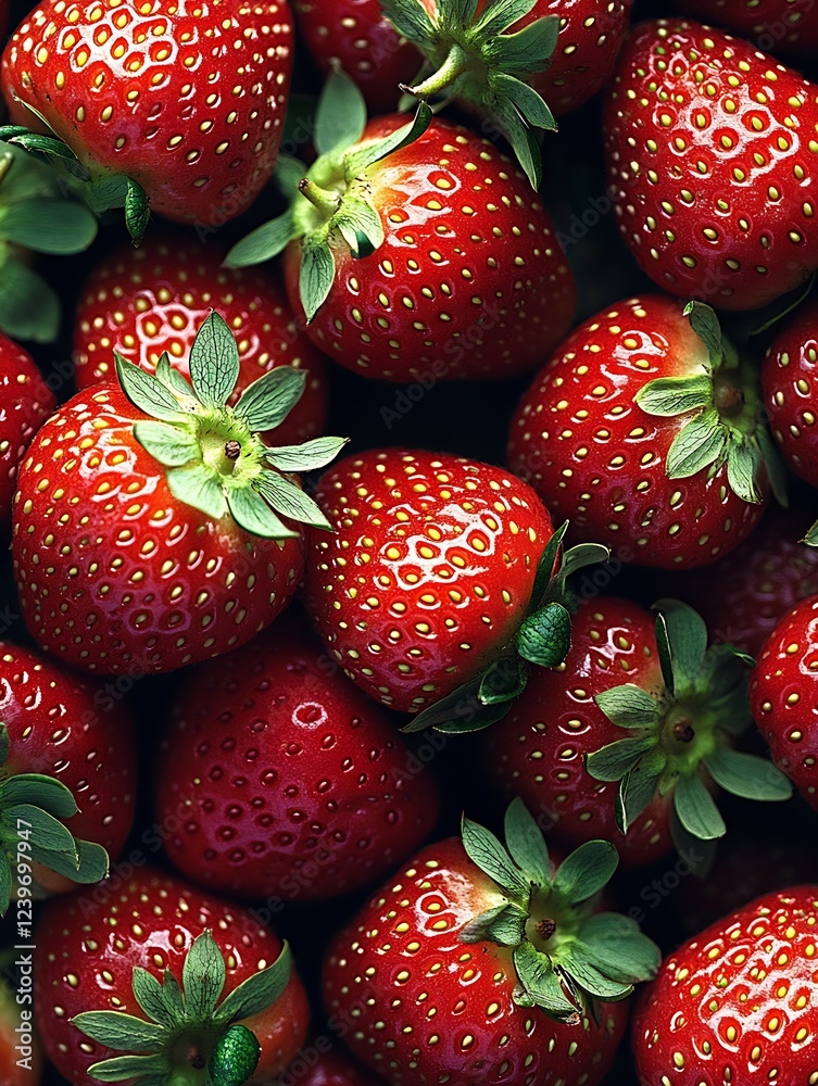 Poster close up of ripe strawberries with lush green leaves for a bountiful display : generative ai