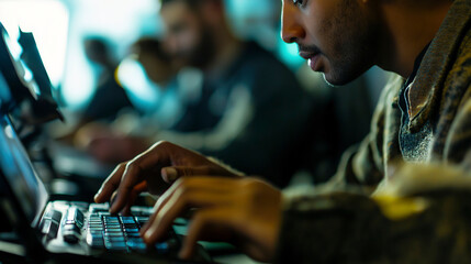 Focused Young Man Typing on Laptop in a Busy Work Environment