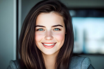 Fototapeta premium Portrait of a Smiling Young Woman with Long Brown Hair and Blue Eyes Happily