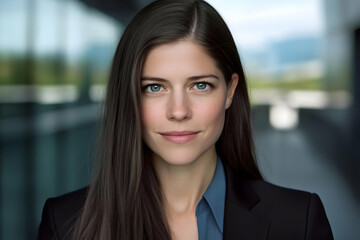 Fototapeta premium Confident Businesswoman Smiles Gently in Blurred Office Background Setting