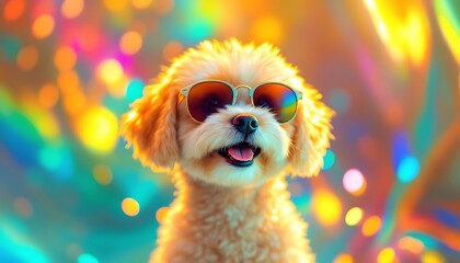 Cute Dog in Sunglasses Vibrant Rainbow Bokeh Background