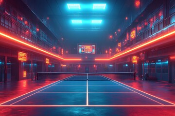 Neon-lit indoor tennis court, futuristic arena