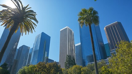 Palm trees punctuate the skyline of downtown Los Angeles skyscrapers on a clear day