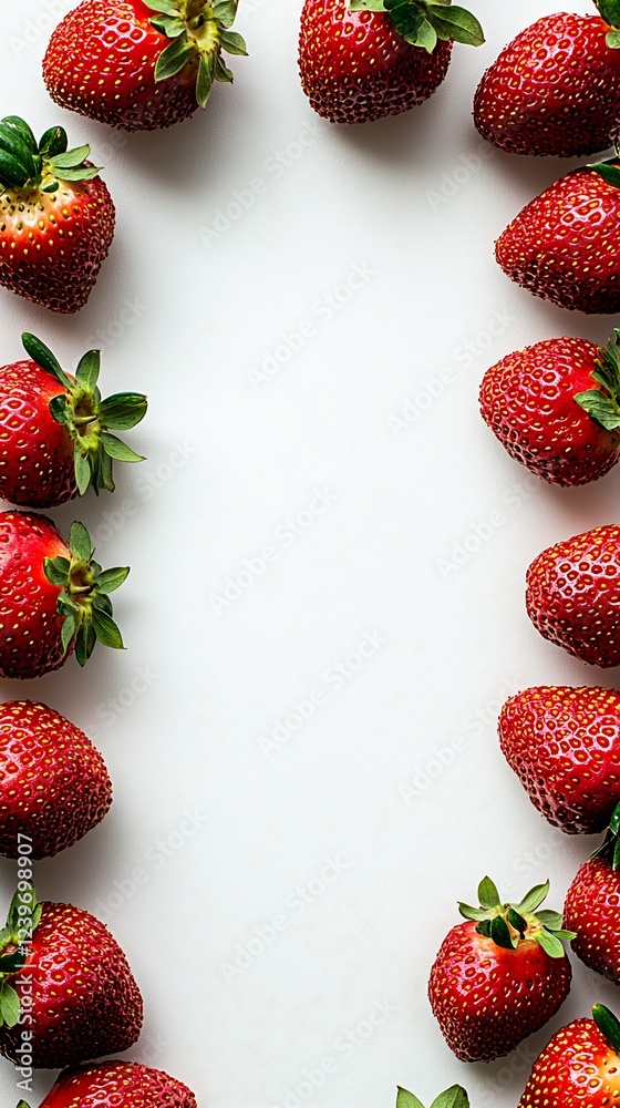 Poster fresh strawberries forming a decorative frame around a white surface ideal for creative culinary con