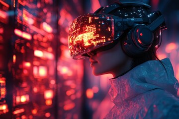 Woman in VR headset, server room, red lights, future tech, data visualization