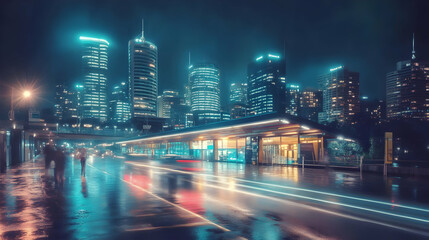 Fototapeta premium Rainy Night Cityscape: Illuminated Buildings and Blurred Traffic Reflecting on Wet Streets