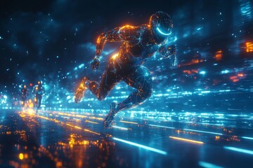 Digital athlete sprinting city night, neon trails