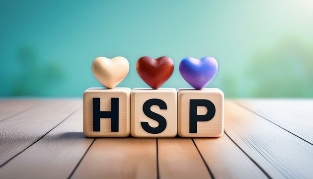 繊細な気質を持った人を意味するHighly Sensitive Personを略したHSPの文字が書かれたキューブブロックと緑の観葉植物AIで生成