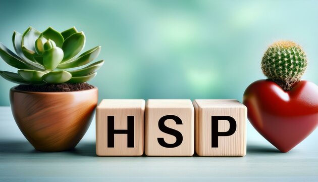 繊細な気質を持った人を意味するHighly Sensitive Personを略したHSPの文字が書かれたキューブブロックと緑の観葉植物AIで生成