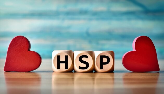 繊細な気質を持った人を意味するHighly Sensitive Personを略したHSPの文字が書かれたキューブブロックと赤いハートのオブジェ。AIで生成