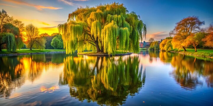 Frankfurt Ostparkweiher Evening Light Weeping Willow
