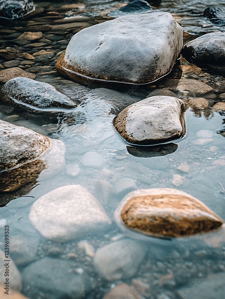 Poster tranquil riverbed with smooth stones and clear water reflections in nature : generative ai