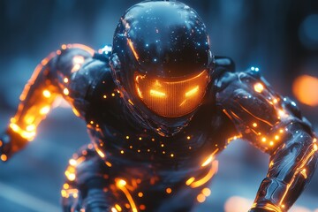 Futuristic soldier running, city background, videogame concept