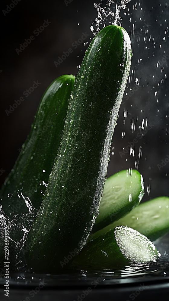 Aufkleber fresh cucumbers splashing in water with slices around captured in dark background : generative ai