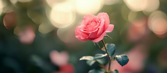 Obraz premium Single Pink Rose in Soft Bokeh Garden - Romantic Spring Bloom