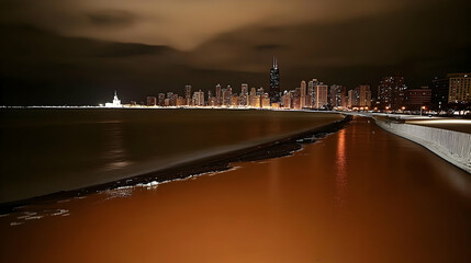 Fototapeta premium Cityscape at Night: Illuminated Buildings Line the Shoreline with Brown Water in Foreground