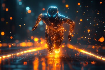 Futuristic runner, neon lights, speed, competition, digital art