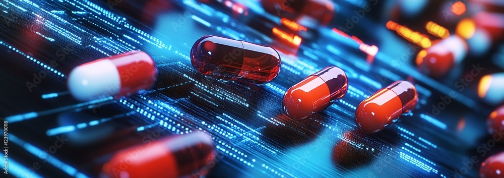 Poster abstract visual of red capsules on neon lit digital background representing pharmaceuticals : genera