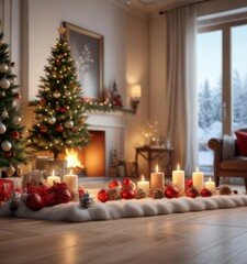 cozy christmas new year winter holiday card with xmas decoration,  hot cocoa,  mistletoe,  winter wonderland scene