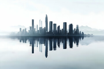 Fototapeta premium Modern Cityscape Reflects in Calm Waters with Misty Mountains in Background