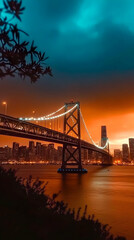 Naklejka premium Illuminated Suspension Bridge Spans Waterway at Sunset with Cityscape Background Quietly