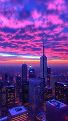 Fototapeta premium Cityscape Showcases Illuminated Towers Beneath a Vivid Purple and Pink Sunset Sky at Dusk Beautifully